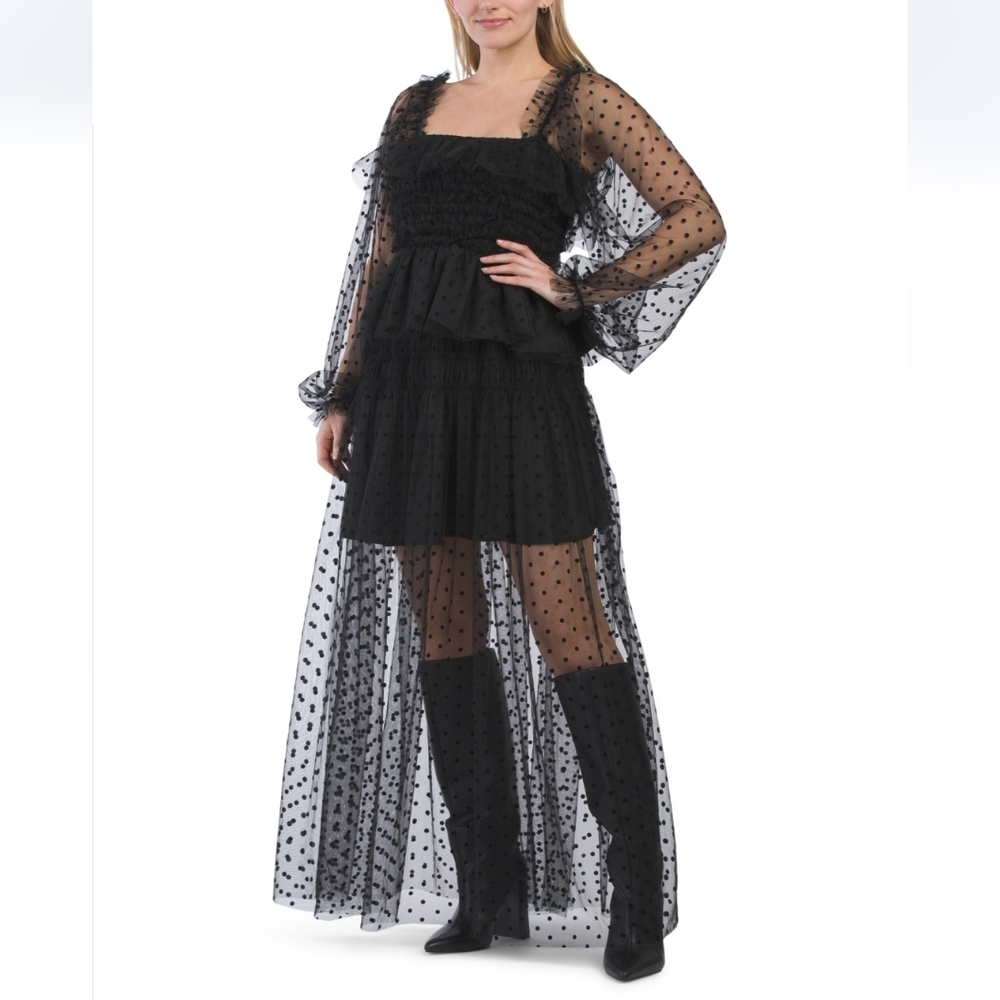 dRa Women's Black Long Sleeve Burnout Velvet Polka Dot Tiered Top - Picture 3 of 5